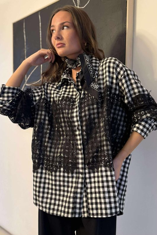 Zeta Otto Brushed Cotton Gingham Lace Shirt Mono /7=